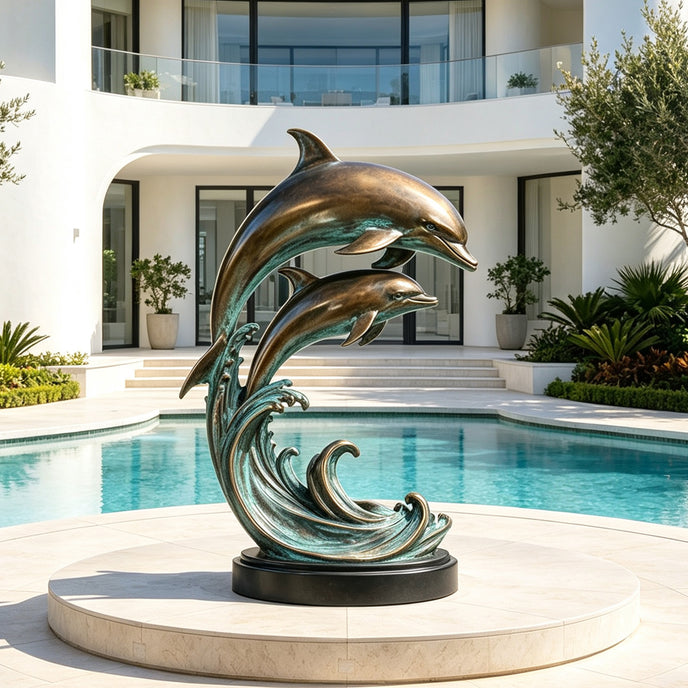 Large bronze dolphin sculpture displayed beside a luxury swimming pool, featuring two dolphins leaping above curling ocean waves with smooth sculpted bodies, warm bronze highlights, and blue-green verdigris patina.
