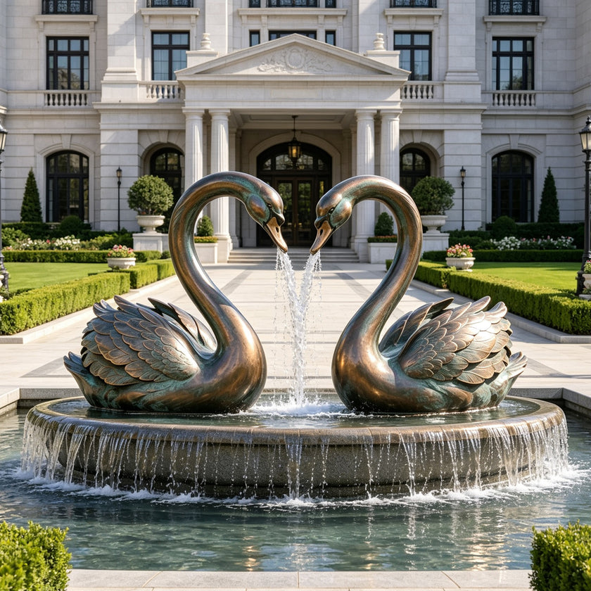 Bronze swan pair fountain sculpture displayed in a formal villa garden, featuring two elegant swans with curved necks forming a heart shape, detailed layered feathers, green patina accents, and water flowing from their beaks.