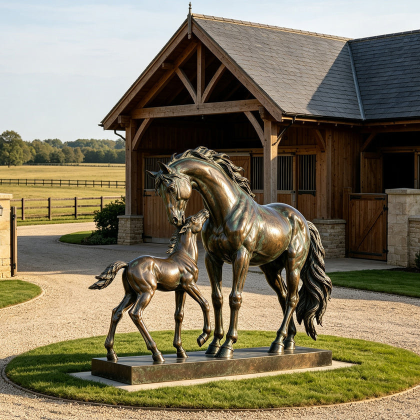 Bronze mare and foal horse sculpture featuring a standing adult horse gently lowering her head toward a young foal, with detailed musculature, flowing manes and tails, realistic equine anatomy, and subtle green patina accents on a rectangular bronze base.