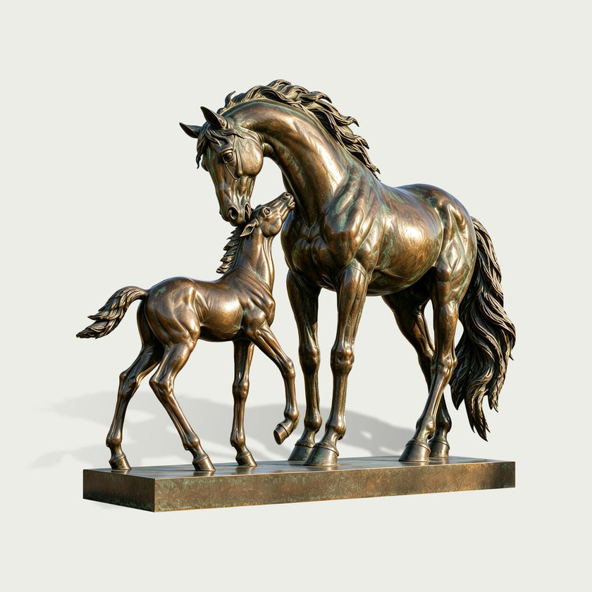 Large bronze mare and foal sculpture installed outdoors beside a luxury stable, depicting a tender interaction between two horses with realistic anatomy, flowing manes, warm bronze tones, and green patina highlights.