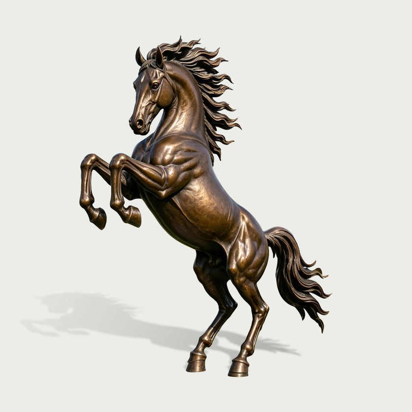 Life-size bronze rearing horse sculpture with both front legs raised, showcasing defined muscular anatomy, an expressive horse head, wind-swept mane, flowing tail, and rich antique bronze surface detailing.