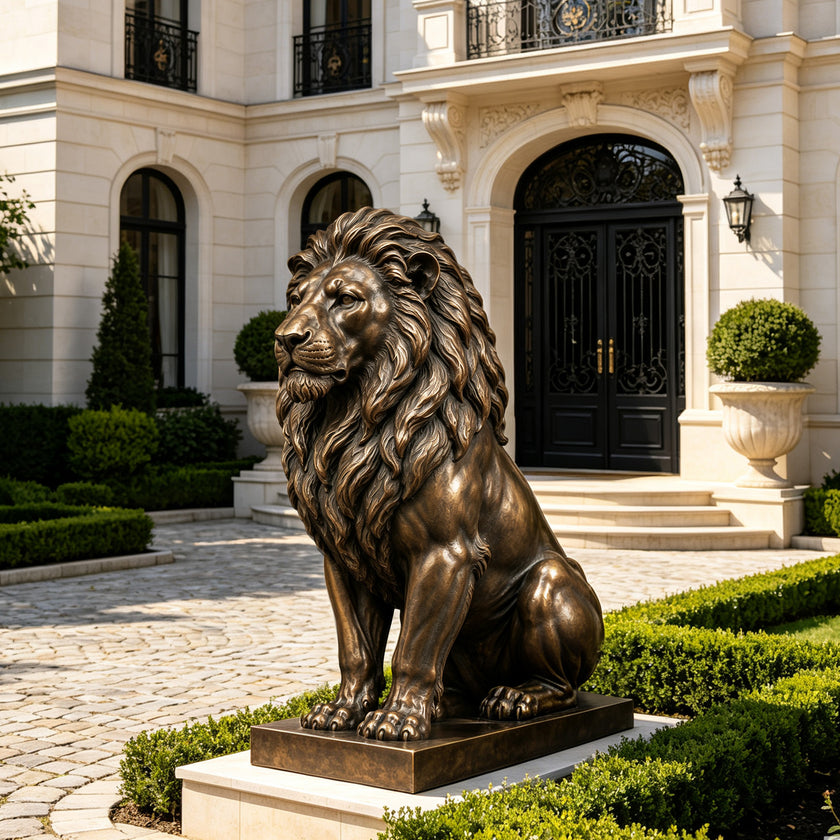 Monumental bronze sitting lion statue displayed at a luxury estate entrance, featuring a majestic layered mane, realistic muscular anatomy, detailed paws, and an elegant antique bronze finish.