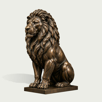 Large bronze sitting lion sculpture featuring a powerful muscular body, lifelike facial expression, layered flowing mane, detailed paws, and a rich antique bronze patina on a rectangular base.