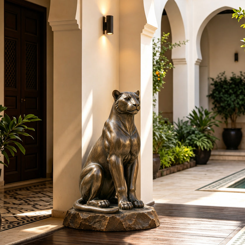 Elegant bronze panther statue displayed in a luxury villa courtyard, with a seated alert pose, smooth muscular contours, detailed paws and facial features, curled tail, and textured rock-style base.