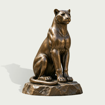 Large sitting bronze panther sculpture with an alert expression, powerful chest and shoulders, finely modeled paws, long curled tail, smooth realistic anatomy, and a rugged natural rock-style bronze base.
