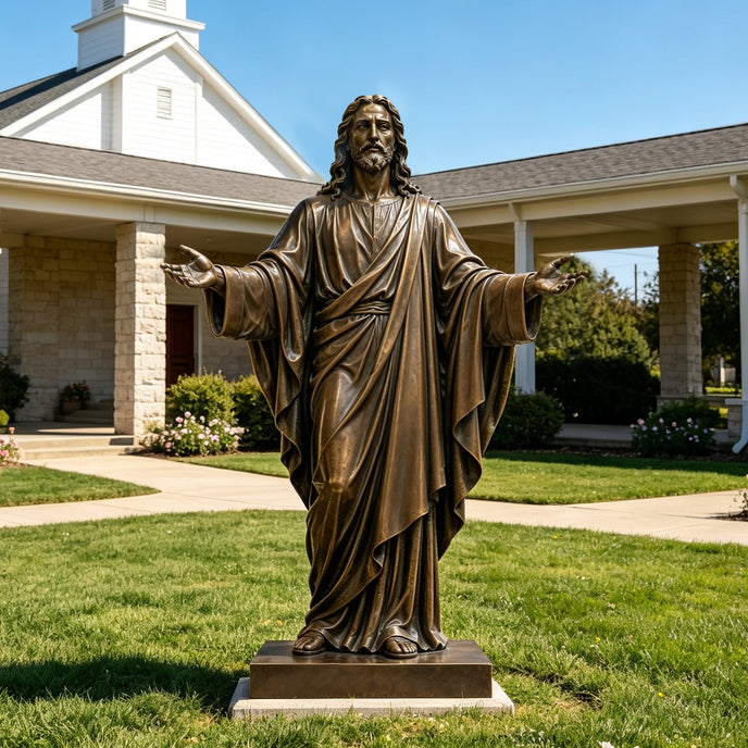 Life-size bronze Jesus statue with open arms and flowing robes displayed on a pedestal in a landscaped church garden under a clear blue sky.