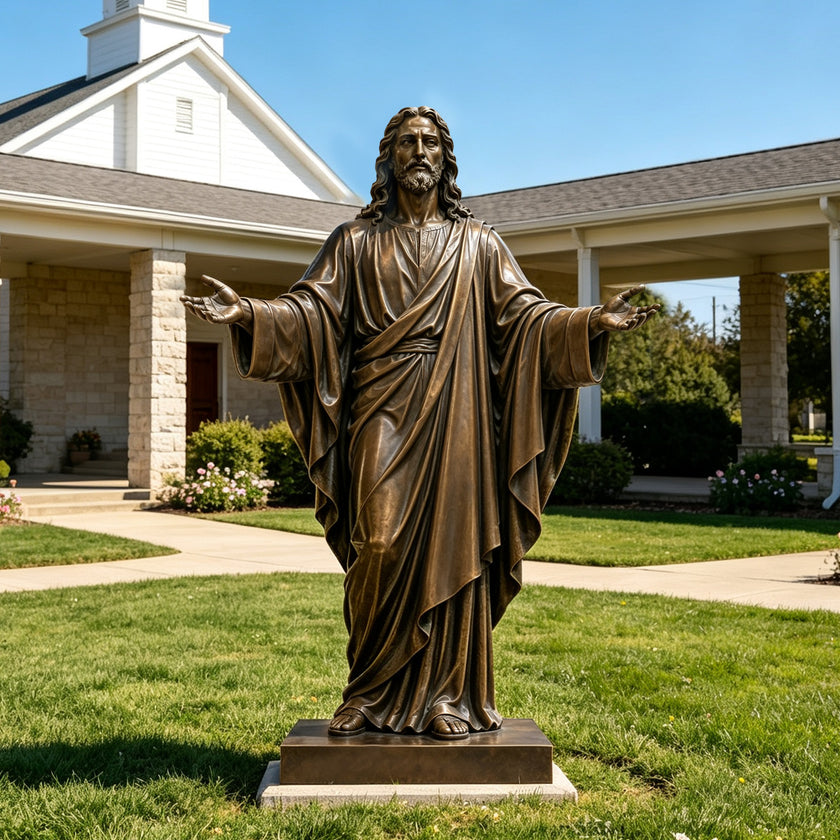 Life-size bronze Jesus statue with open arms and flowing robes displayed on a pedestal in a landscaped church garden under a clear blue sky.