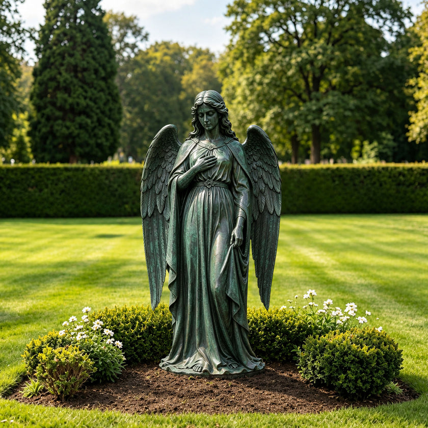 Life-size bronze guardian angel statue with large feathered wings and flowing robes, displayed among flowers and manicured shrubs in a peaceful garden setting.