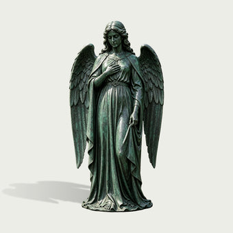 Front view of a bronze angel statue with detailed feathered wings, wavy hair, serene expression, one hand over her chest, and long flowing robes with green patina.
