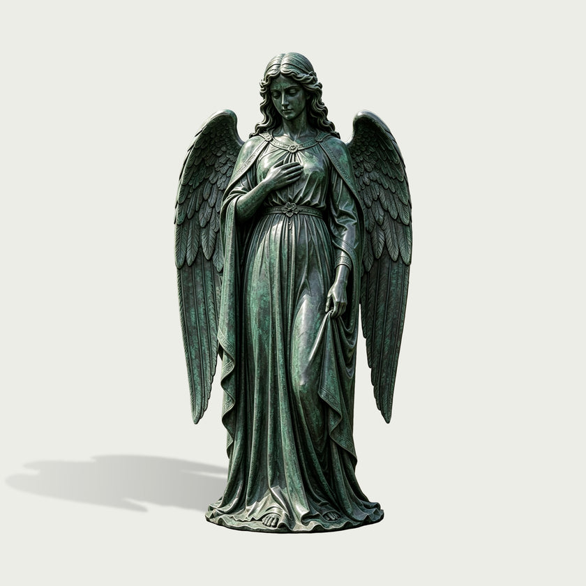 Front view of a bronze angel statue with detailed feathered wings, wavy hair, serene expression, one hand over her chest, and long flowing robes with green patina.