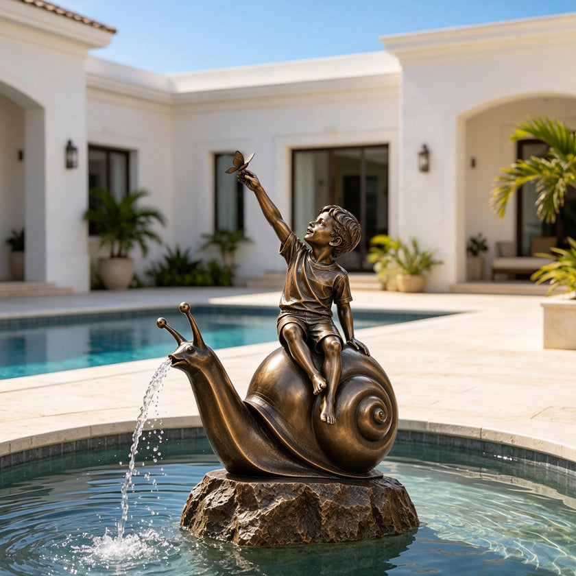 Bronze boy riding a giant snail fountain sculpture beside a luxury pool, with water flowing from the snail’s mouth as the child reaches toward a butterfly.