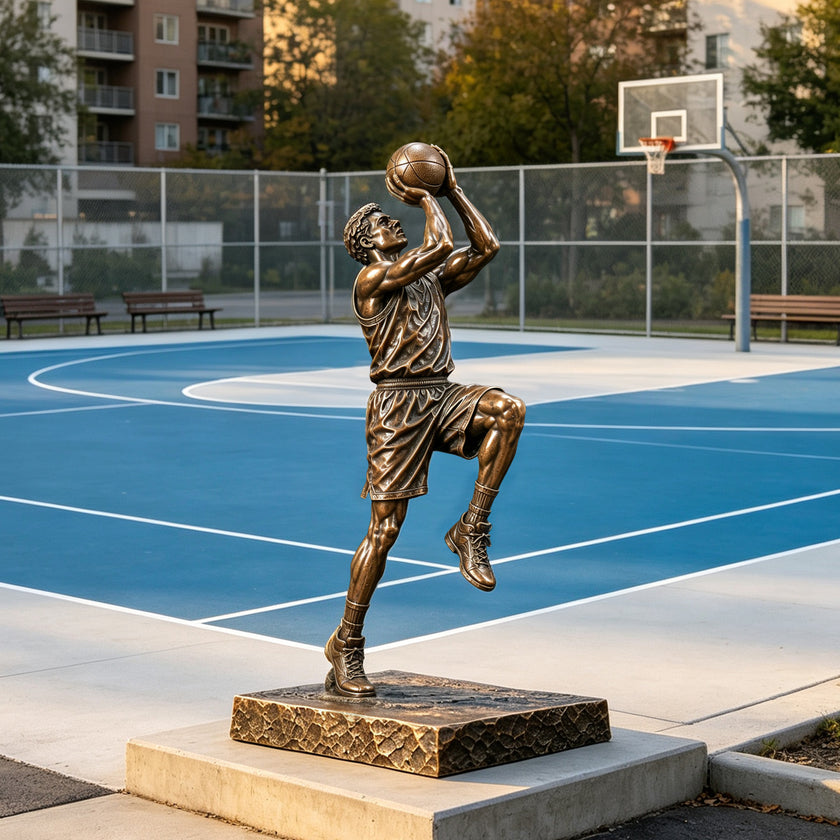 Life-size bronze basketball player statue in a dynamic shooting pose displayed beside an outdoor basketball court, featuring detailed uniform folds, athletic musculature, sneakers, and a textured bronze base.