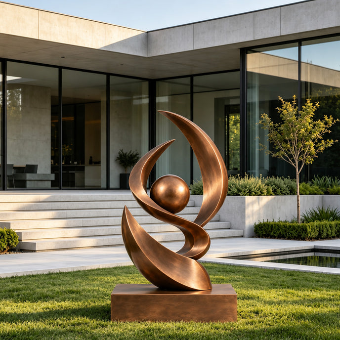 Large contemporary abstract bronze sculpture featuring sweeping flame-like curves surrounding a suspended sphere, displayed on a bronze pedestal in the landscaped garden of a modern luxury residence.