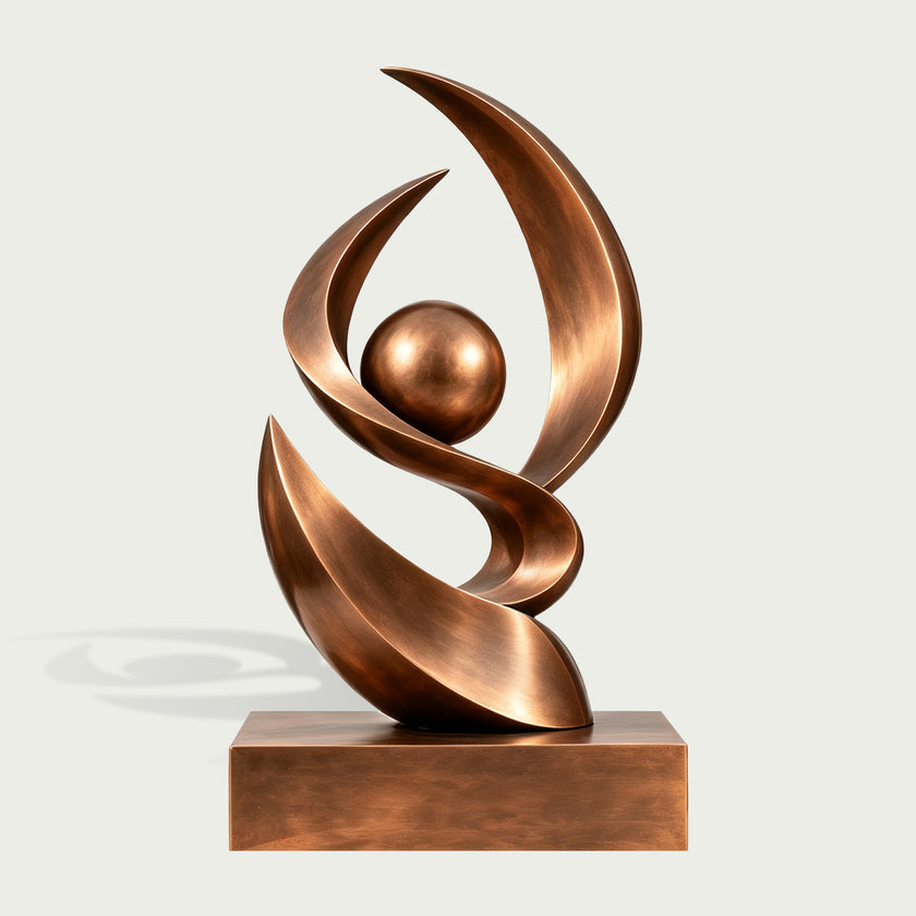 Contemporary abstract bronze sculpture with three graceful upward sweeping curves, a floating central sphere, open negative spaces, and a warm brushed bronze finish on a rectangular pedestal.