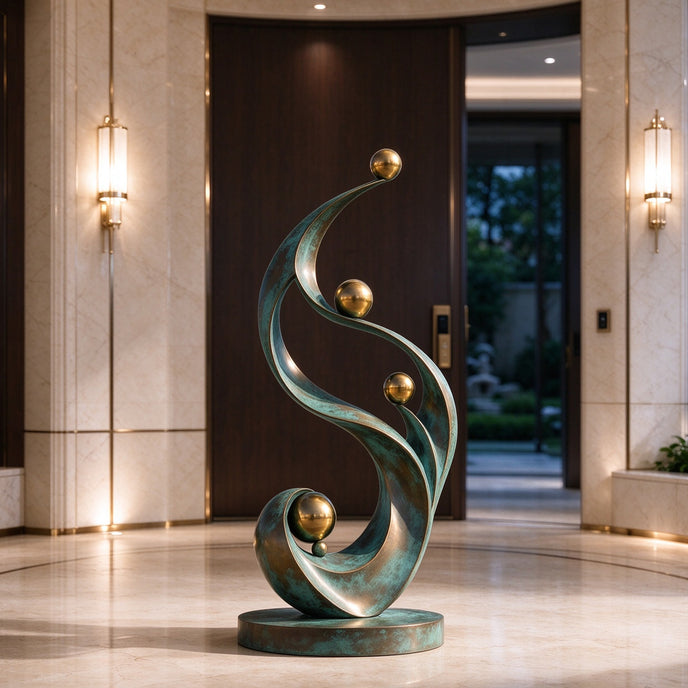 Abstract bronze sculpture displayed in a luxury interior, featuring sweeping verdigris patina curves and polished golden spheres arranged in a graceful vertical composition.