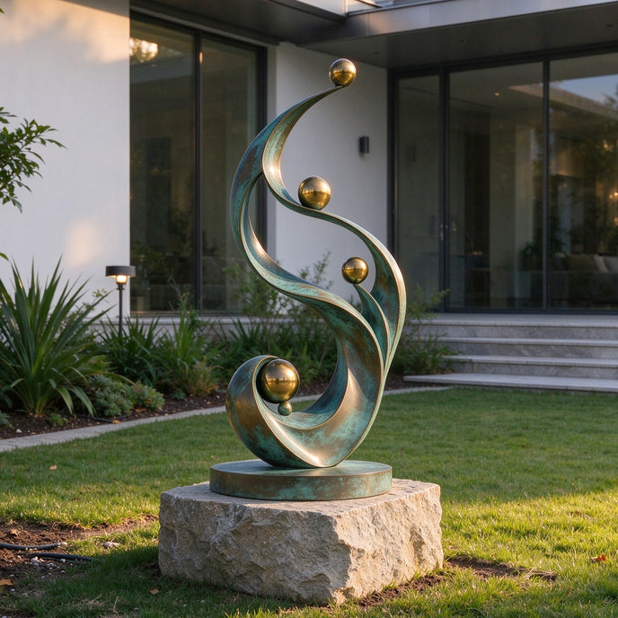 Contemporary abstract bronze garden sculpture with flowing verdigris curves and polished golden spheres, displayed on a natural stone pedestal beside a modern residence.