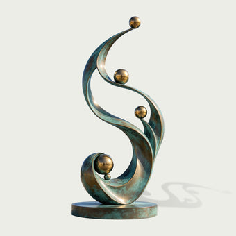 Front product view of an abstract bronze sculpture featuring elegant S-shaped verdigris ribbons, multiple polished golden spheres, and a round bronze base.