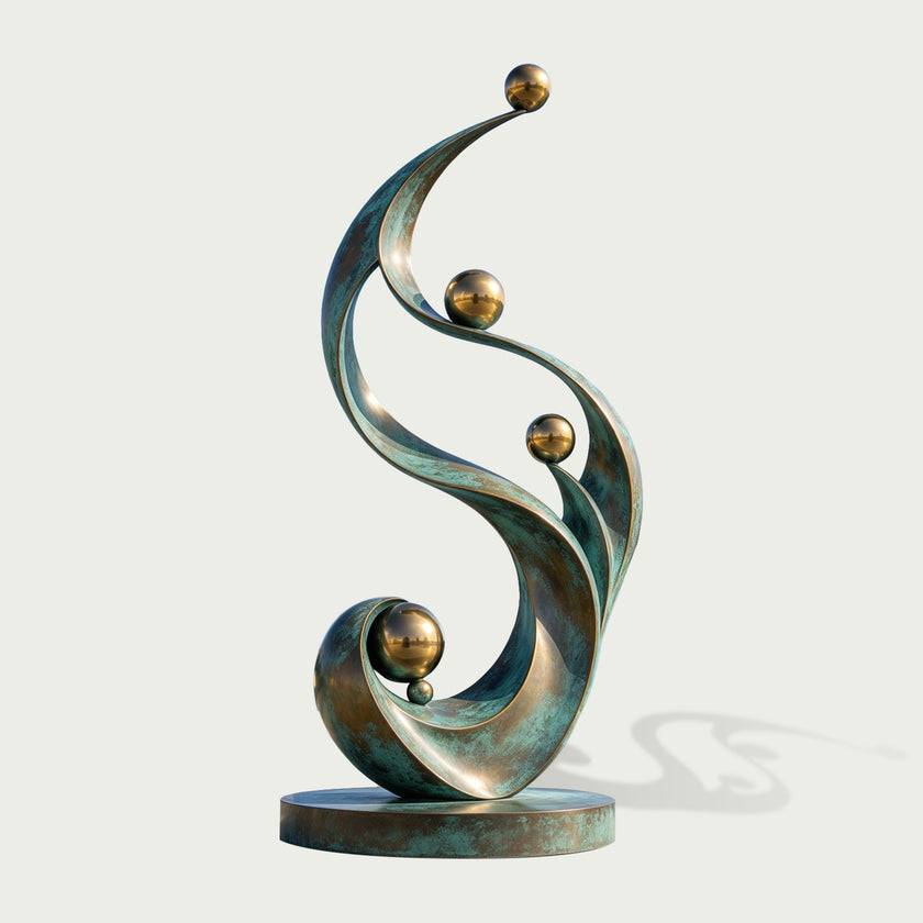 Front product view of an abstract bronze sculpture featuring elegant S-shaped verdigris ribbons, multiple polished golden spheres, and a round bronze base.