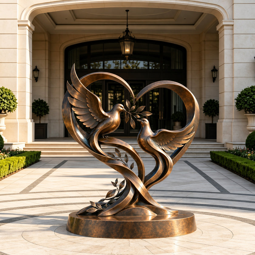 Large bronze dove sculpture displayed at a luxury residence entrance, featuring two birds, an olive branch, and flowing heart-shaped curves on a round bronze base.