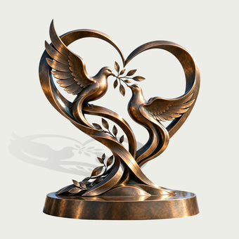 Front product view of a romantic bronze sculpture featuring two doves with detailed wings, an olive branch, and sweeping ribbons forming a large heart-shaped composition.