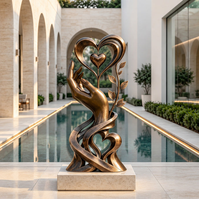 Elegant bronze hand and heart sculpture displayed on a light stone pedestal beside a reflecting pool in a luxury modern courtyard, featuring an upward-reaching hand, layered heart shapes, delicate leafy branches, and flowing ribbon forms with a warm antique bronze finish.