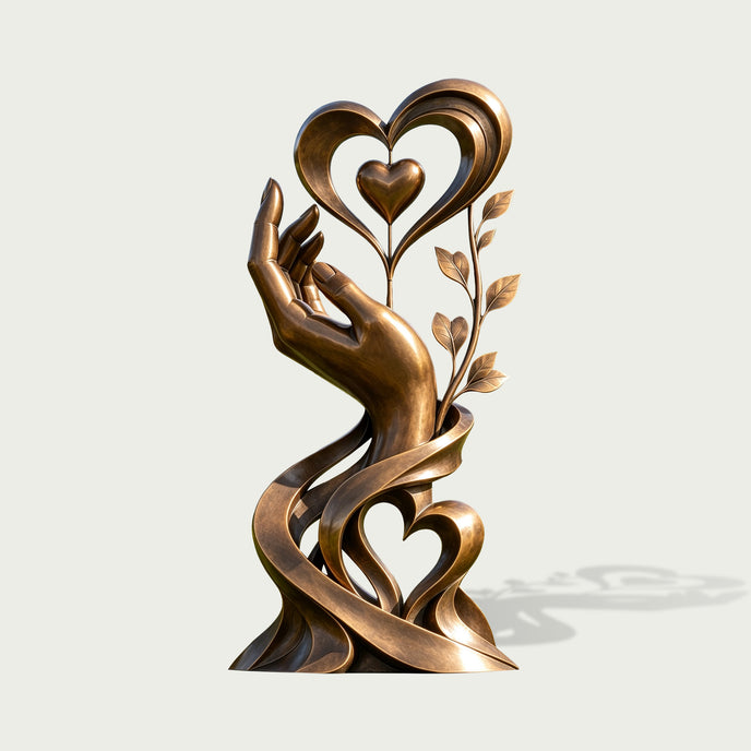 Front product view of an artistic bronze sculpture featuring a gracefully raised hand beneath a large open heart with a smaller suspended heart, decorative leaves along one side, and intertwined ribbon-like curves forming another heart near the base, finished in warm antique bronze with golden highlights.