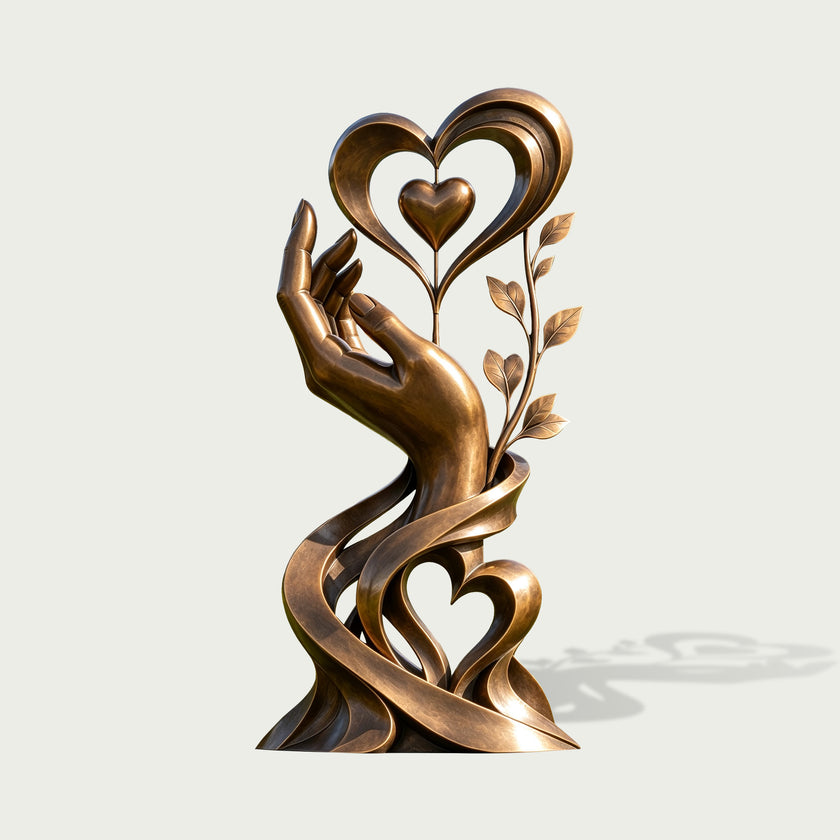Front product view of an artistic bronze sculpture featuring a gracefully raised hand beneath a large open heart with a smaller suspended heart, decorative leaves along one side, and intertwined ribbon-like curves forming another heart near the base, finished in warm antique bronze with golden highlights.