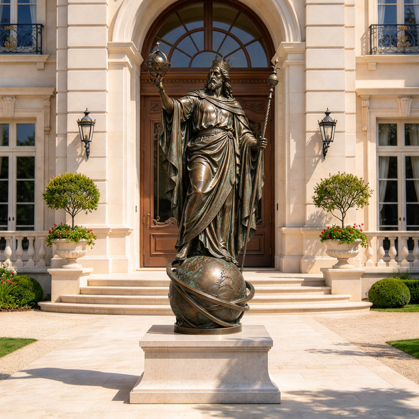 Majestic Crowned Emperor On Globe Bronze Sculpture on Grand Estate Entrance 