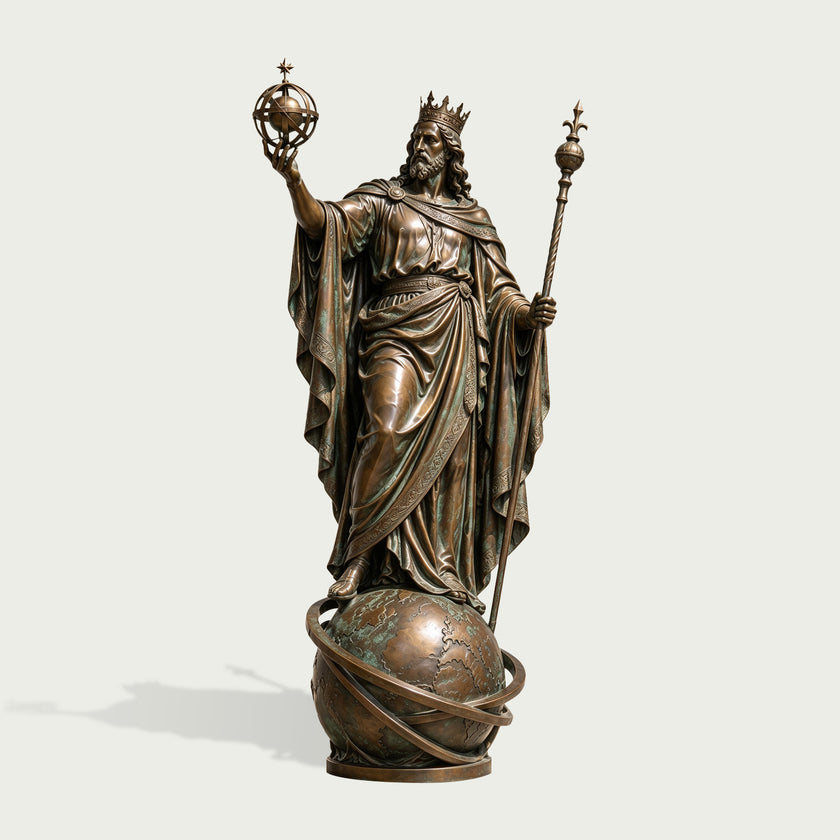 Majestic Crowned Emperor On Globe Bronze Sculpture on a white background