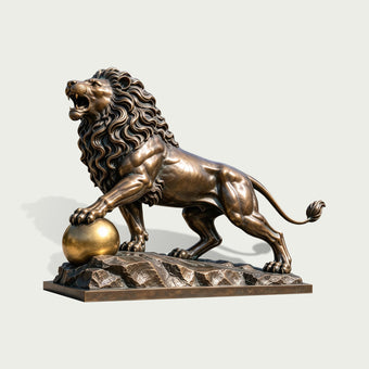 Roaring Guardian Lion Bronze Animal Statues on a white background.