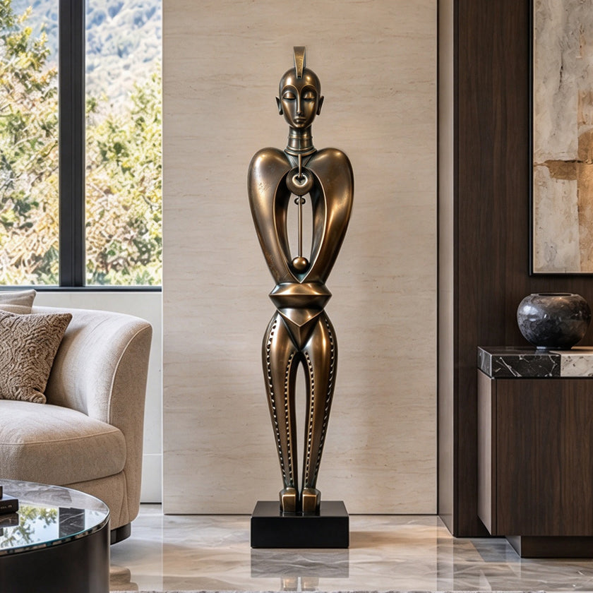 Abstract Geometric Tribal Figure Bronze Floor Sculpture in a luxury living room