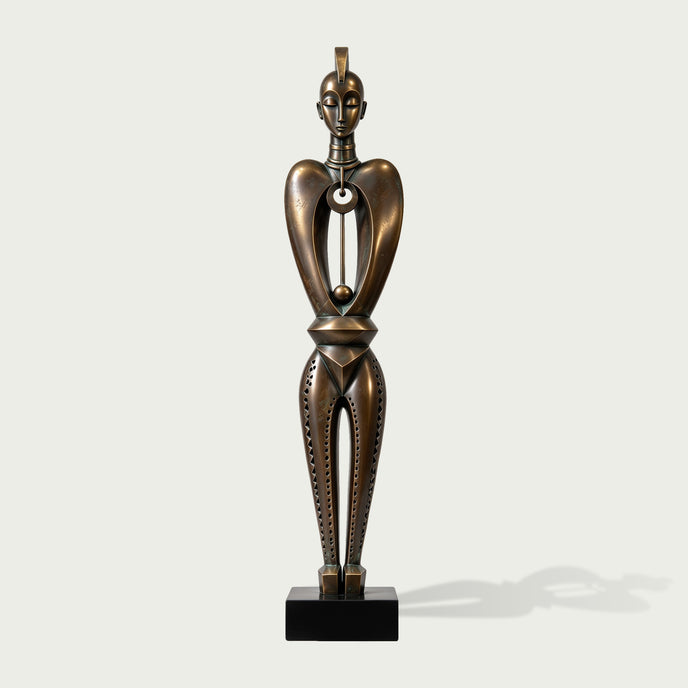 Abstract Geometric Tribal Figure Bronze Floor Sculpture on a white background