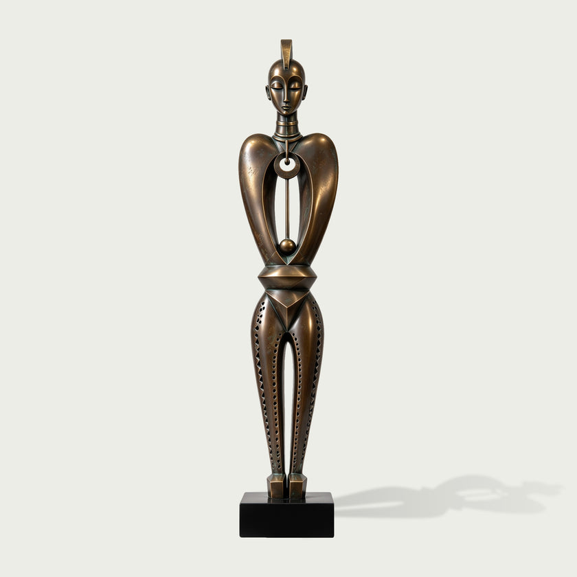 Abstract Geometric Tribal Figure Bronze Floor Sculpture on a white background
