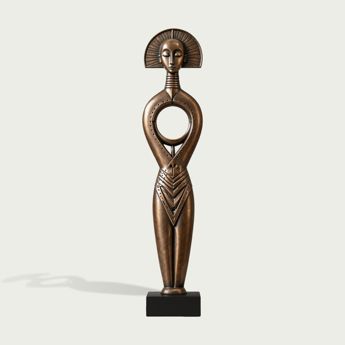 Haloed Tribal Goddess Bronze Floor Sculpture on a white background
