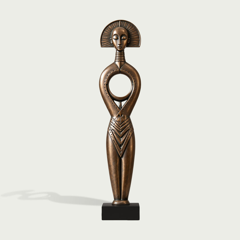Haloed Tribal Goddess Bronze Floor Sculpture on a white background