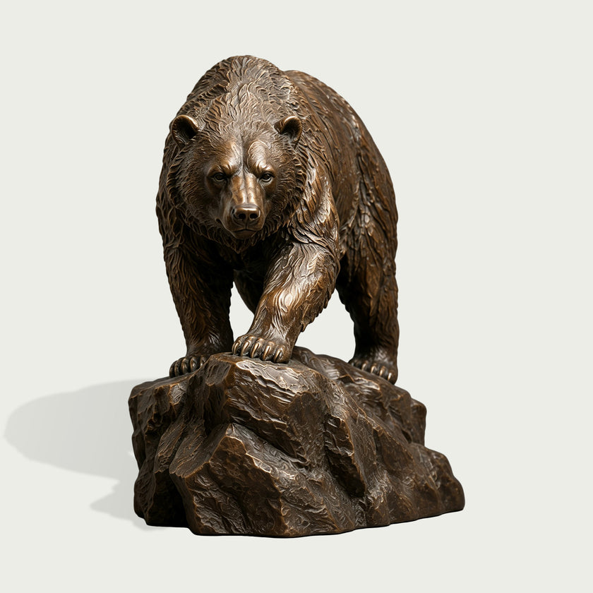 Realistic Walking Bear On Rock Bronze Animal Statues on white background