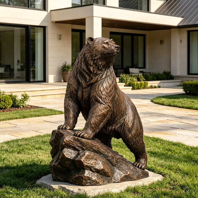 A bronze sculpture of a majestic brown bear looking up with its paws raised as if climbing. This realistic metal wildlife art piece features highly textured fur and muscular details, displayed on a sunny green lawn next to a stone pathway.
