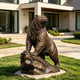 A bronze sculpture of a majestic brown bear looking up with its paws raised as if climbing. This realistic metal wildlife art piece features highly textured fur and muscular details, displayed on a sunny green lawn next to a stone pathway.