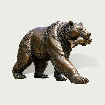 Hunting Brown Bear Catching Fish Bronze Sculpture on a white background