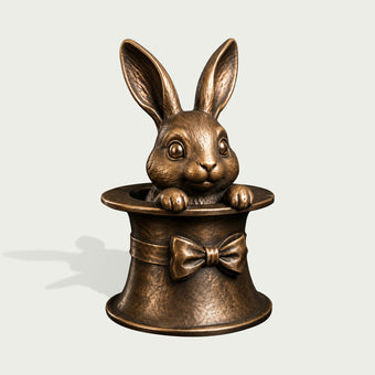 Playful Bunny In Top Hat Bronze Rabbit Tabletop Sculpture on a white background