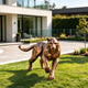 A geometric bronze sculpture of a prowling panther with a faceted low-poly design. This sleek, modern metal art piece features a stealthy walking posture, displayed on a sunny green lawn outside a contemporary villa.