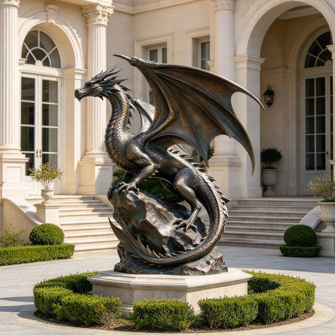 A large bronze sculpture of a majestic winged dragon. This fierce metal art features detailed scales, sharp horns, and spread wings, displayed gracefully in the center of a luxury circular driveway outside a classic grand mansion.