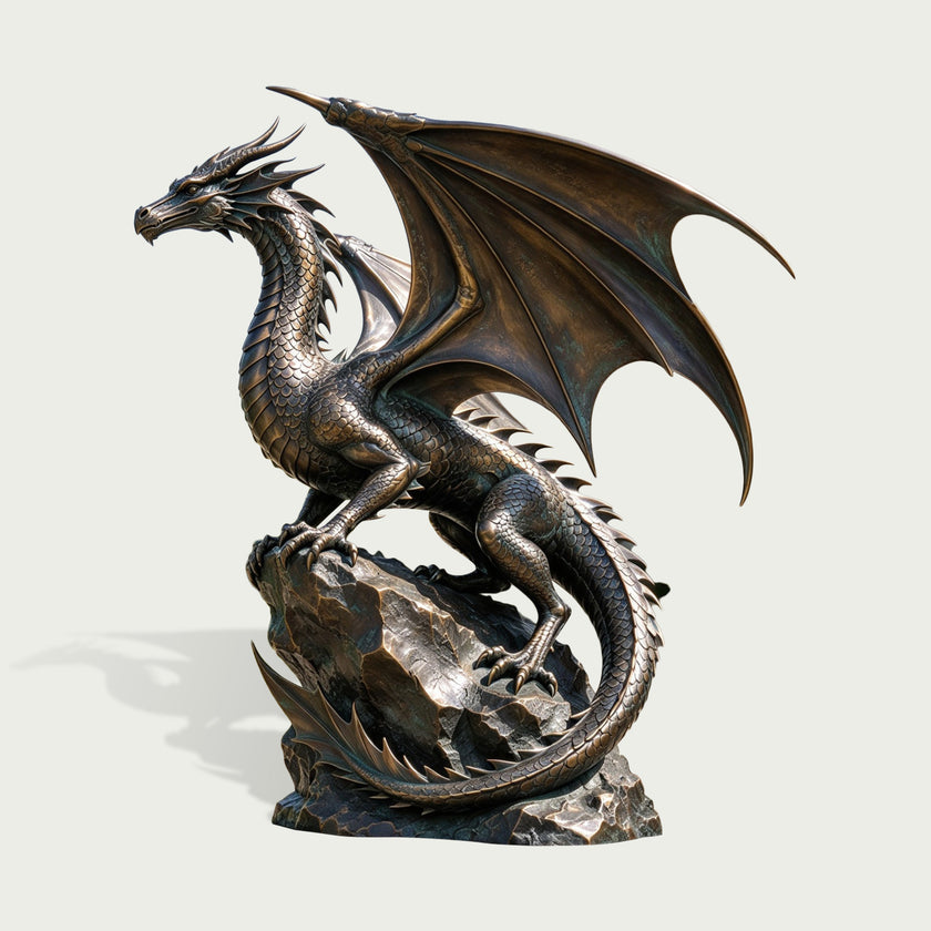 Majestic Winged Dragon On Rock Large Bronze Sculpture on a white background
