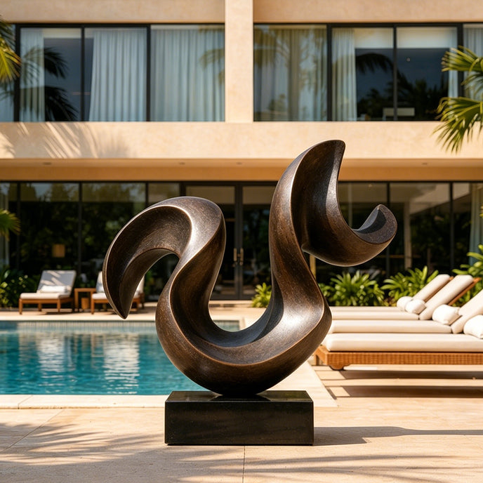 A large bronze sculpture featuring a dynamic, sweeping wave-like curve. This fluid abstract metal art piece is displayed on a sunny stone patio next to a pristine swimming pool and modern lounge chairs, adding luxury to the villa exterior.