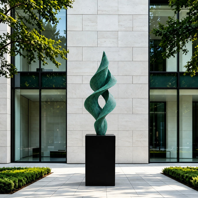 A large bronze sculpture featuring an abstract, intertwining green spire with a double helix design. This sleek, modern metal art piece is beautifully displayed outdoors in front of a symmetrical luxury office building with glass windows.