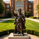 A classic bronze figure statue of Apostle Paul holding a sword and book while pointing upward. This highly detailed religious metal art piece is beautifully displayed outdoors on a lawn in front of a historic red brick academic building.
