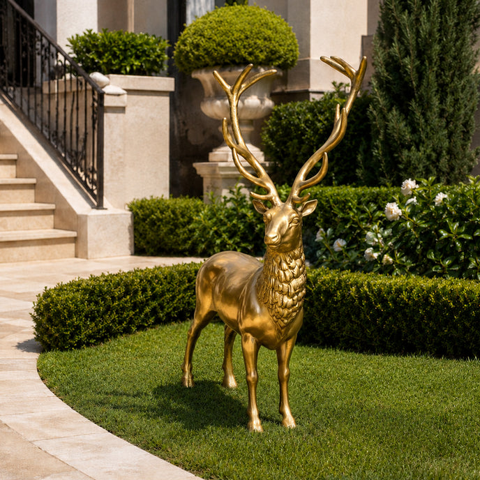 A golden standing stag cast bronze animal statue placed on a modern luxury lawn with trimmed hedges and stairs in the background.