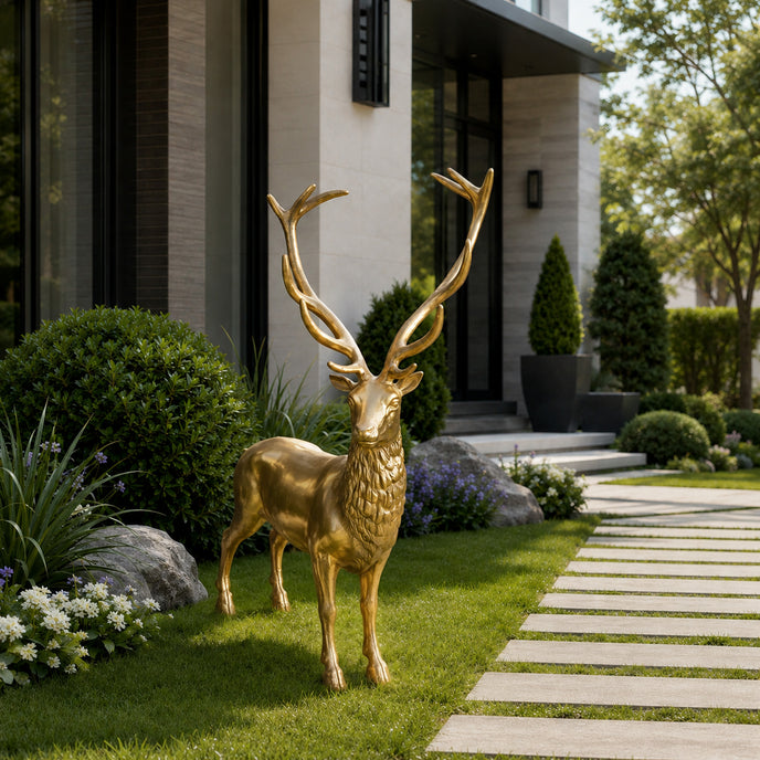 A bronze animal statue of a golden standing stag with large branching antlers. This glowing metal art piece is displayed outdoors on a lush green lawn next to stone pavers and a modern house.