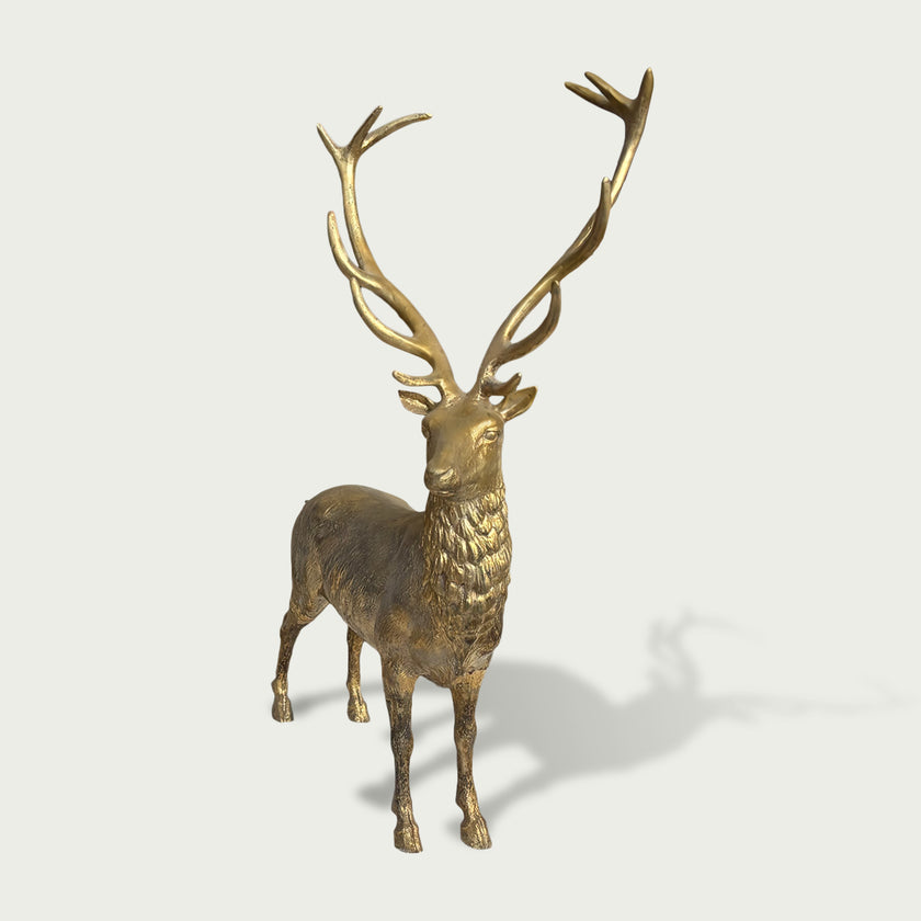 Golden Standing Stag Cast Bronze Animal Statue on a white background