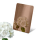 Stainless steel color sample mirror polished brown with a reflection of white flower on a white background